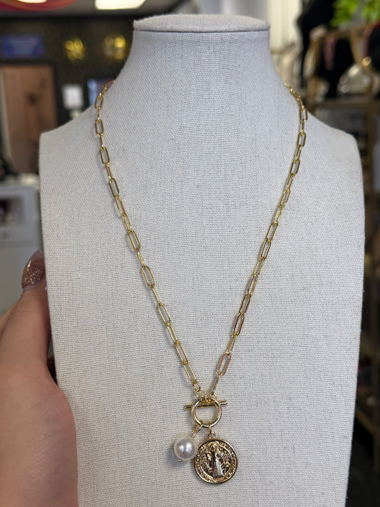 Gold Saint Benedict Dangle Pearl Necklace