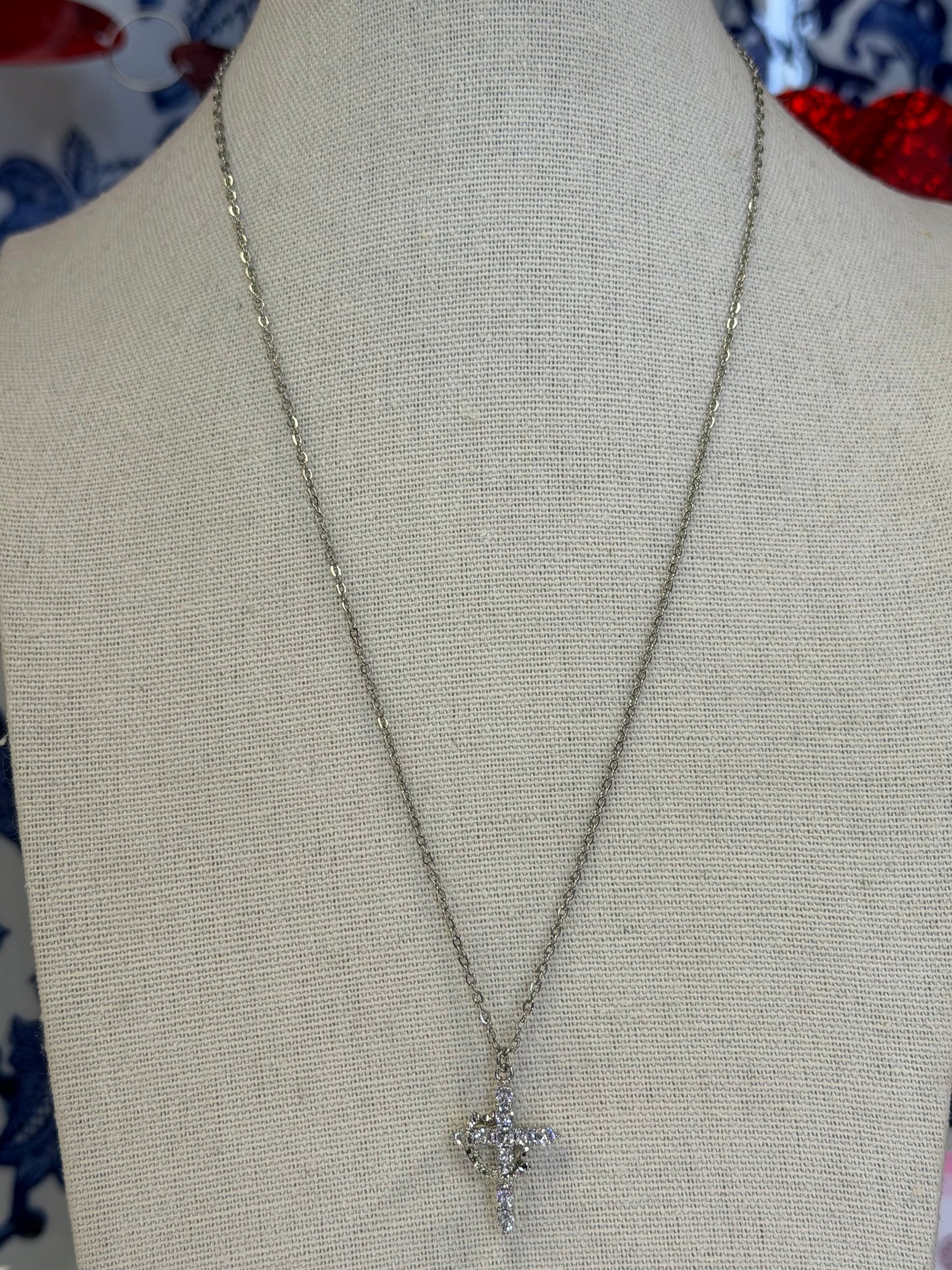 Crystal Cross Crown Necklace Silver