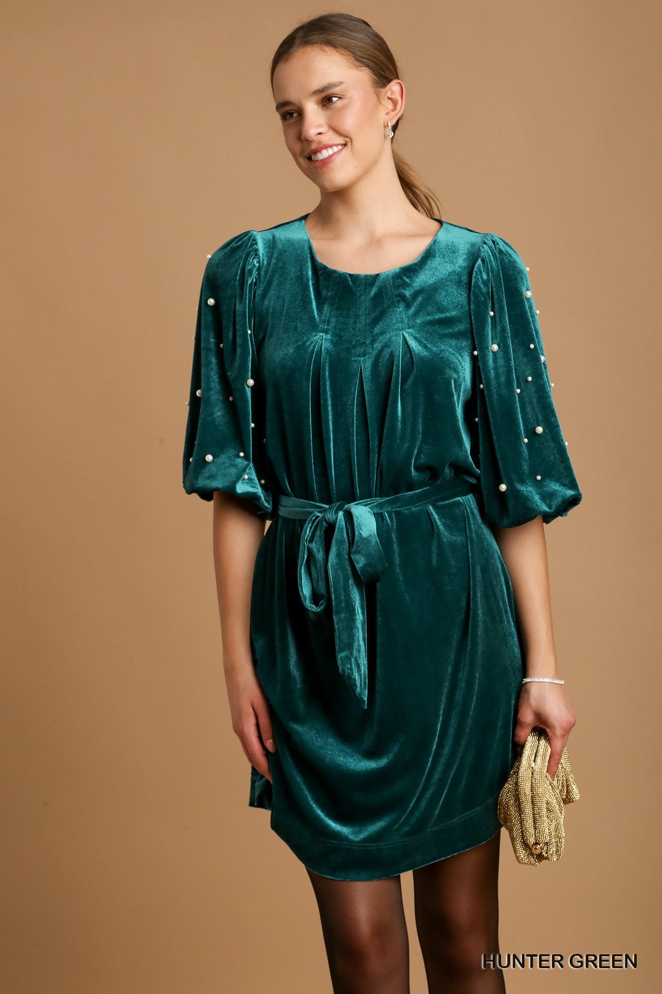 Emerald City Velvet Pearl Balloon Sleeve Dress