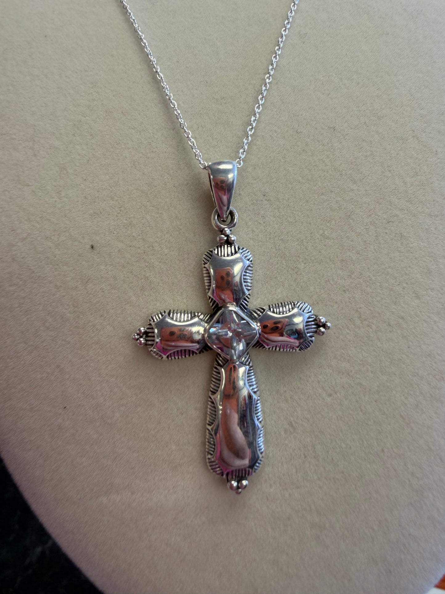 Sterling Silver Detail Crystal Cross Pendant