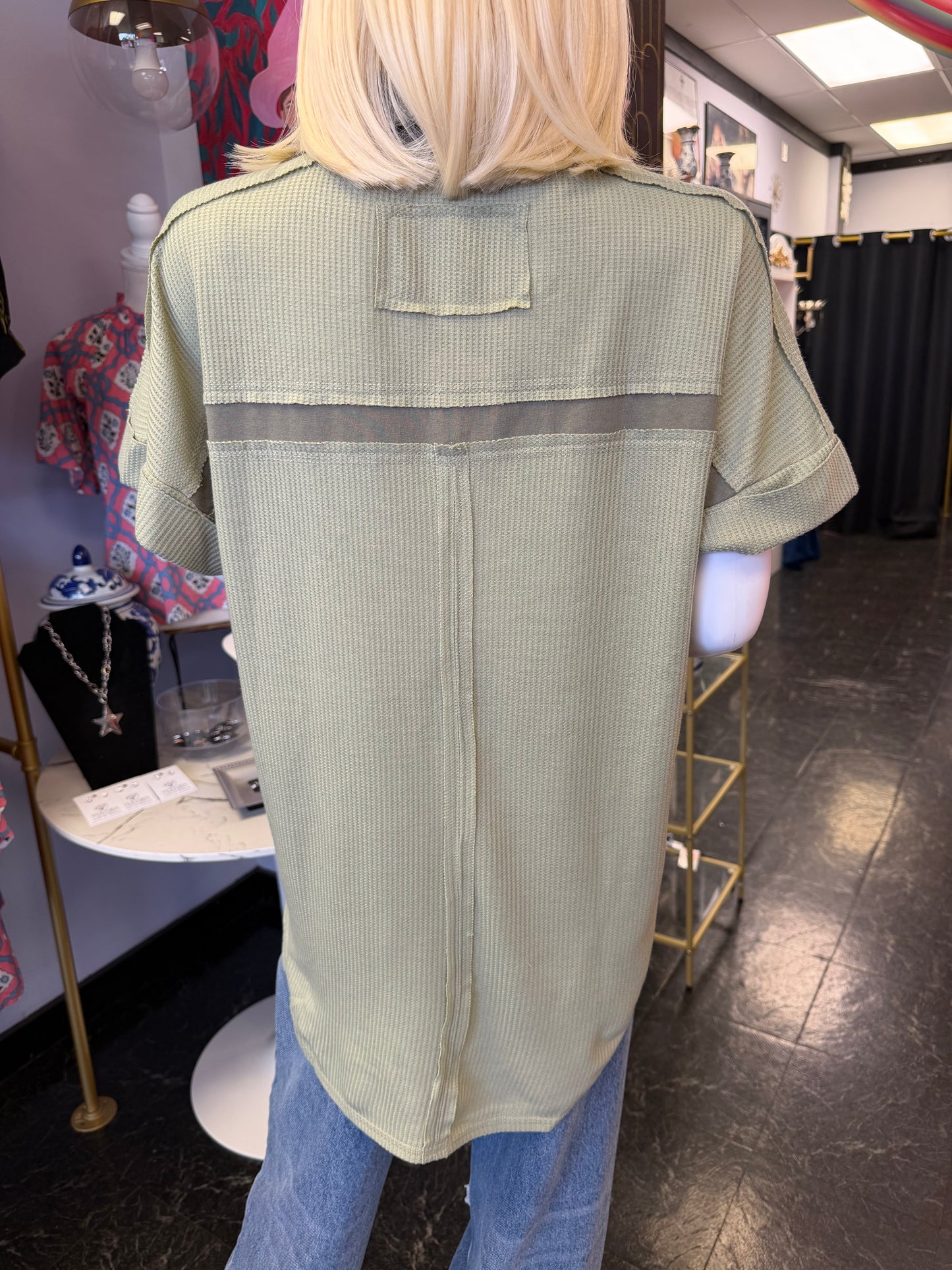 Olive Waffle Knit Button Down Top