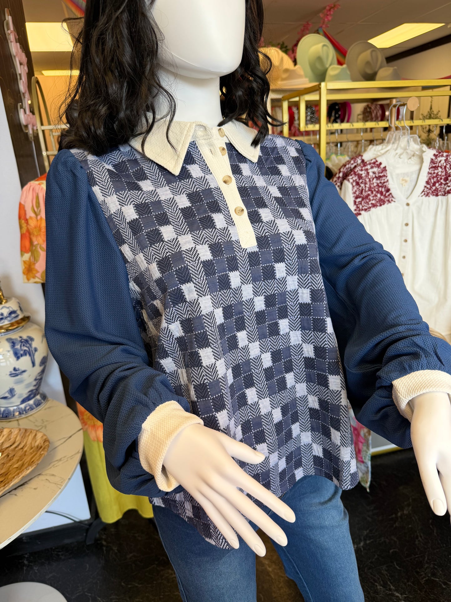 Blue & White Checker Collar Sweater Top