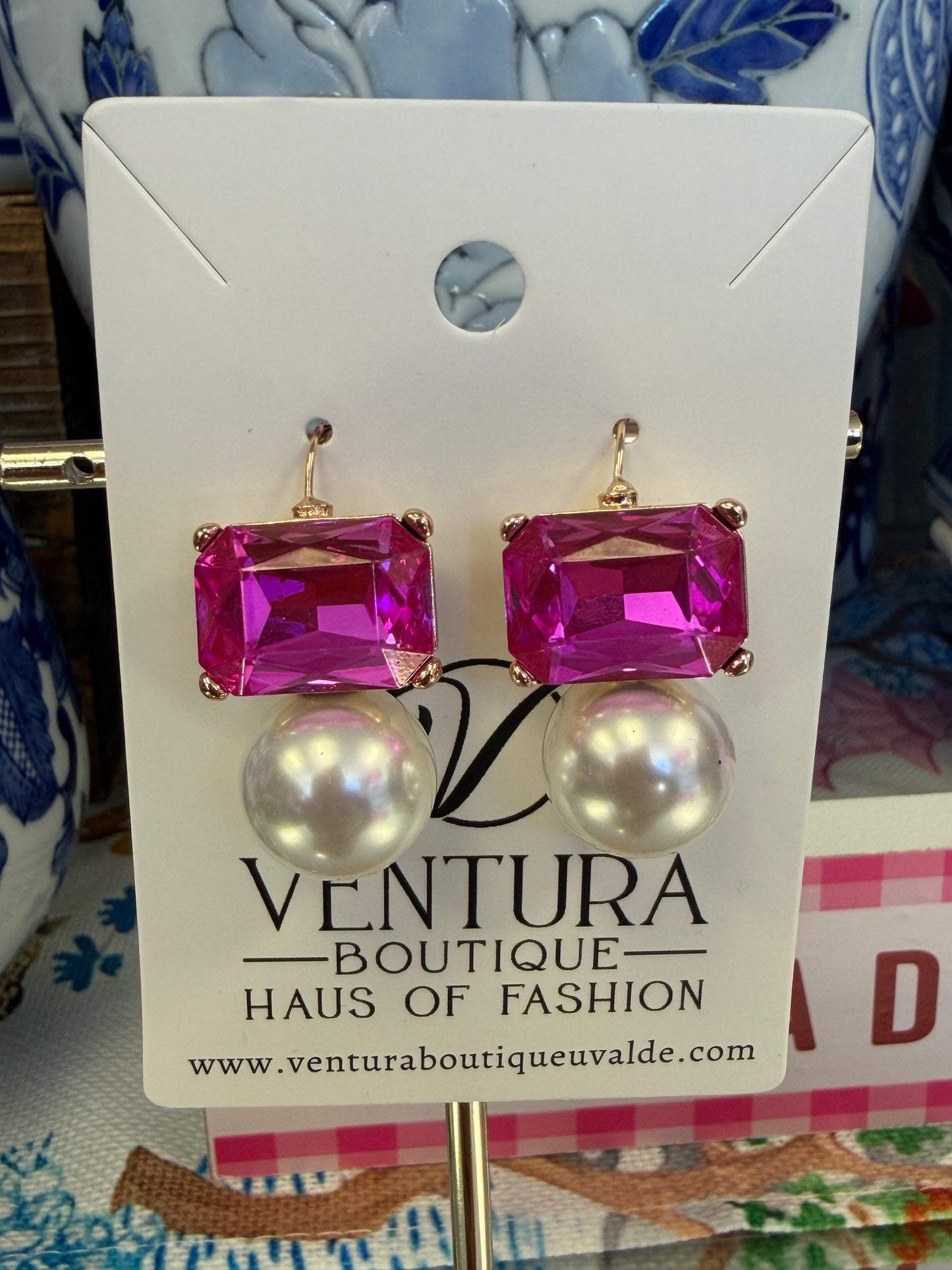 Pink Crystal & Pearl Drop Hook Earrings