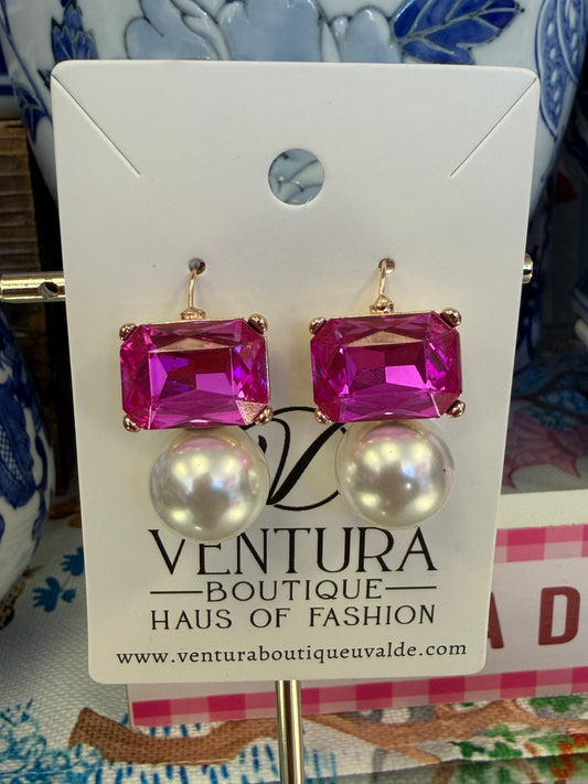 Pink Crystal & Pearl Drop Hook Earrings