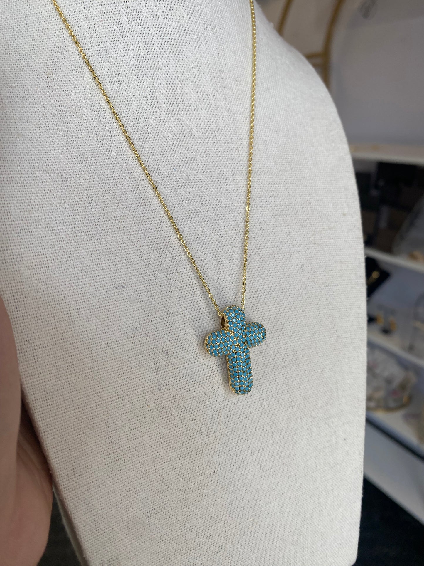 Blue Stone Pave Cross Necklace