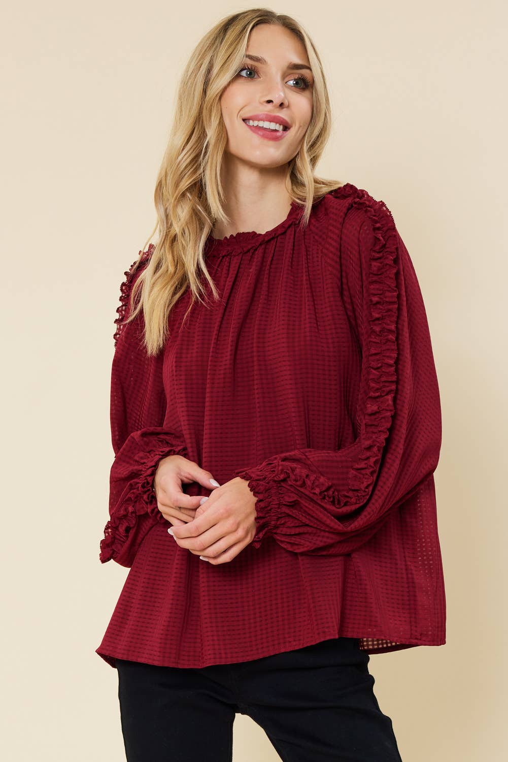 IT3464 - BURNOUT GINGHAM RUFFLED LONG SLEEVES TOP: BURGUNDY / S