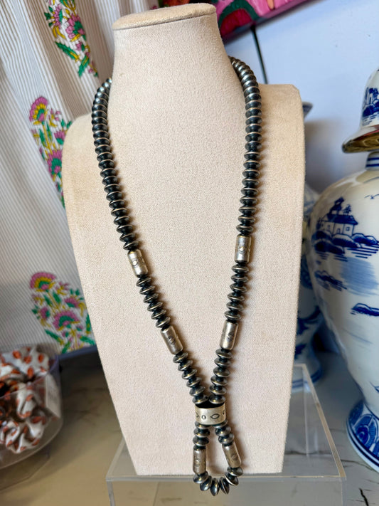 Sterling Silver Barrel Bead & Saucer Necklace 10mm Beads 22”+2”