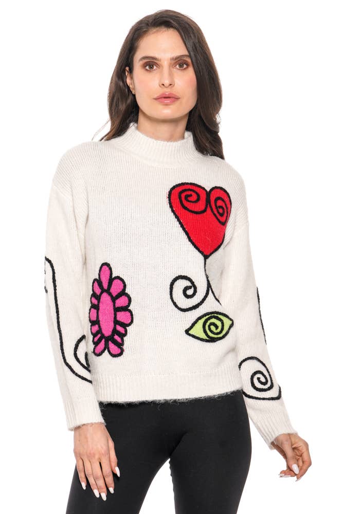 Whimsical Heart & Floral Graphic Knit Sweater