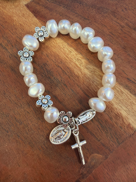 Religious White Beaded Stretch Bracelet