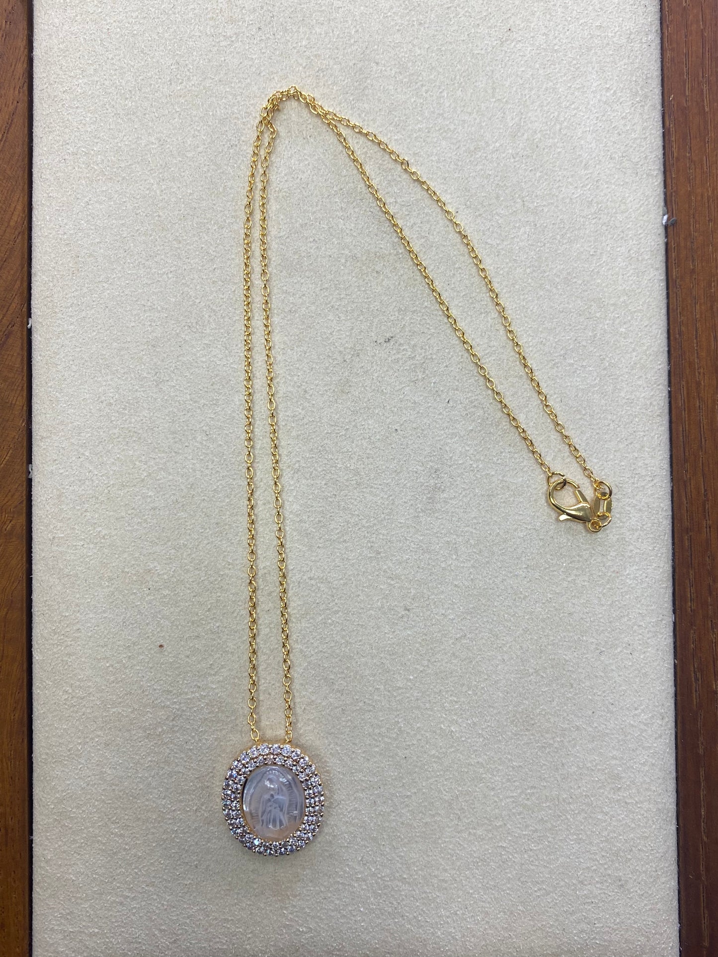 Mother Mary Pearl And Crystal Oval Necklace