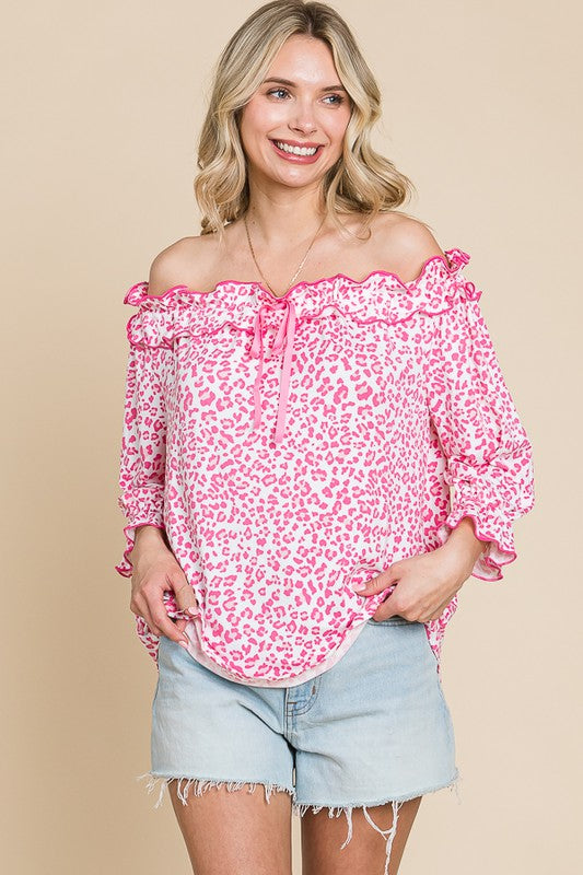 Off Shoulder Frill Print Top