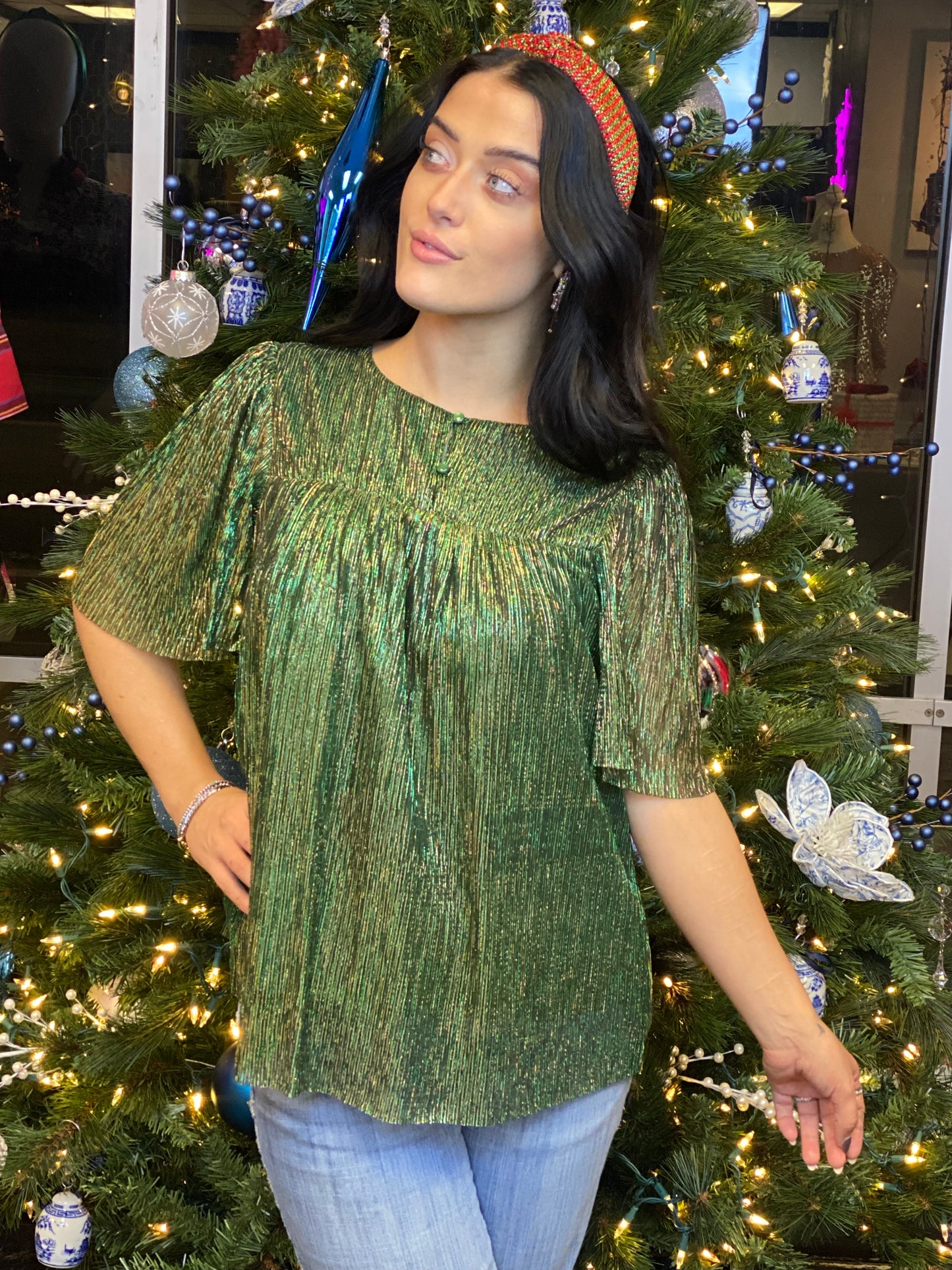 Hunter Green Pleated Sheer Half Sleeve Shimmer Blouse