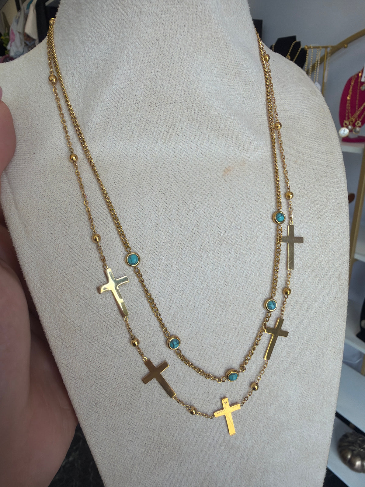 Stainless Gold Plated Cross With Imitation Turquoise Necklace