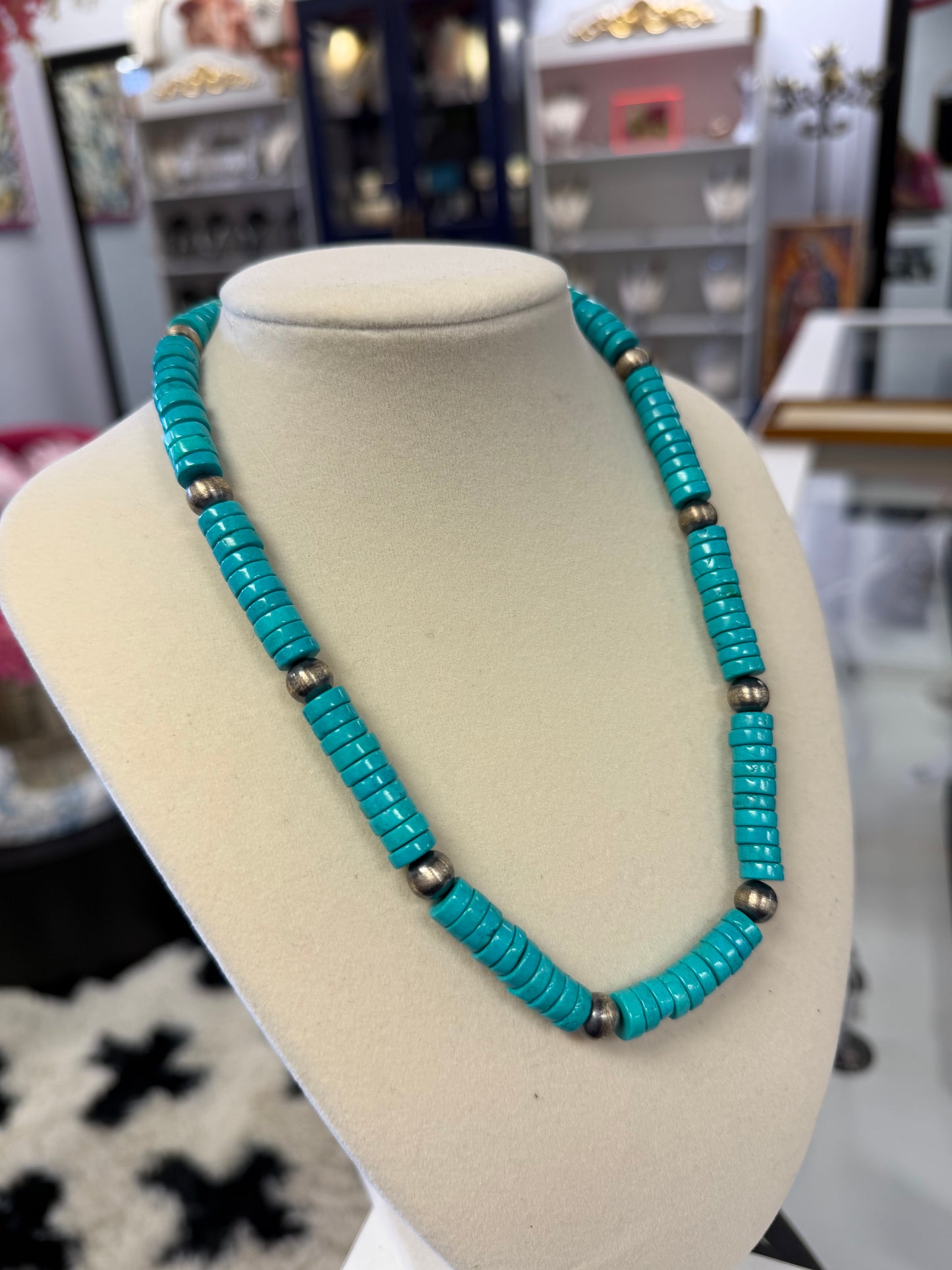Turquoise Bead & Sterling Silver Beaded Necklace