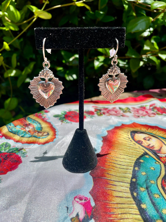 Sterling Silver Sacred Heart Flame Wire Hook Earrings