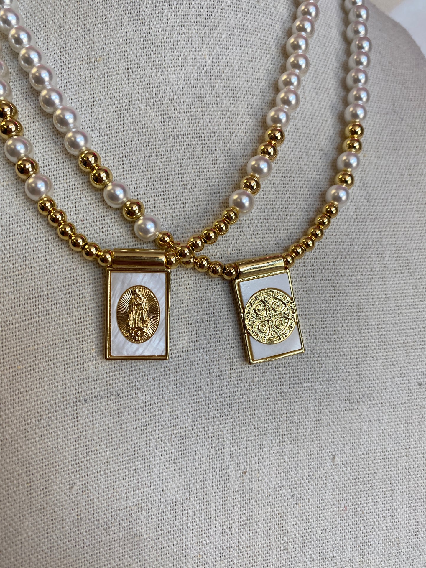 White & Gold Religious Beaded Necklace