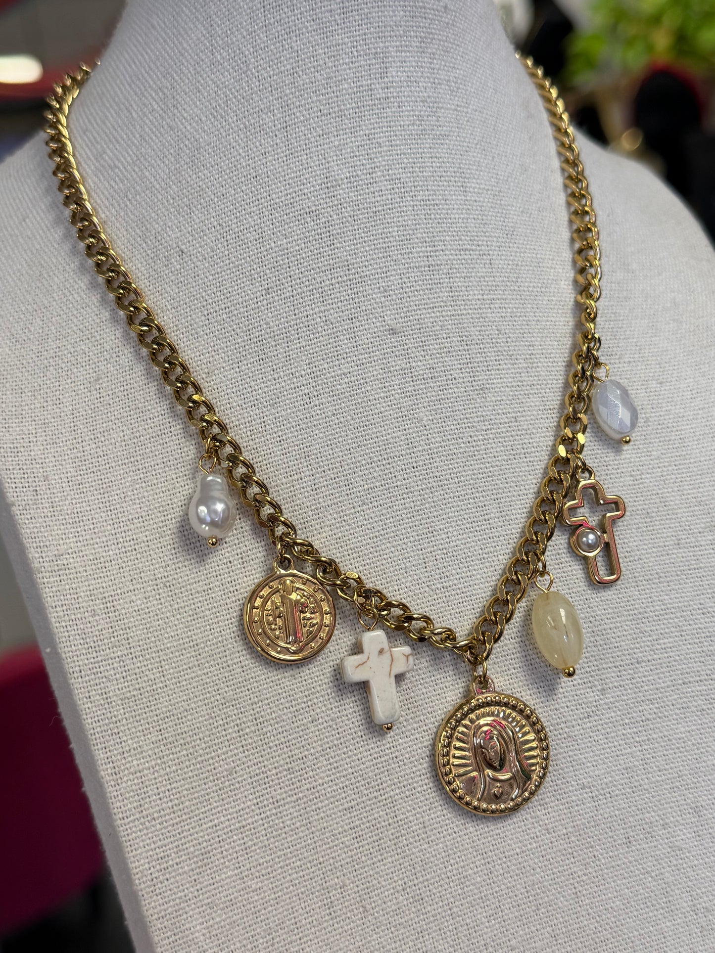 Gold Stainless Muti Religious Charm Necklace