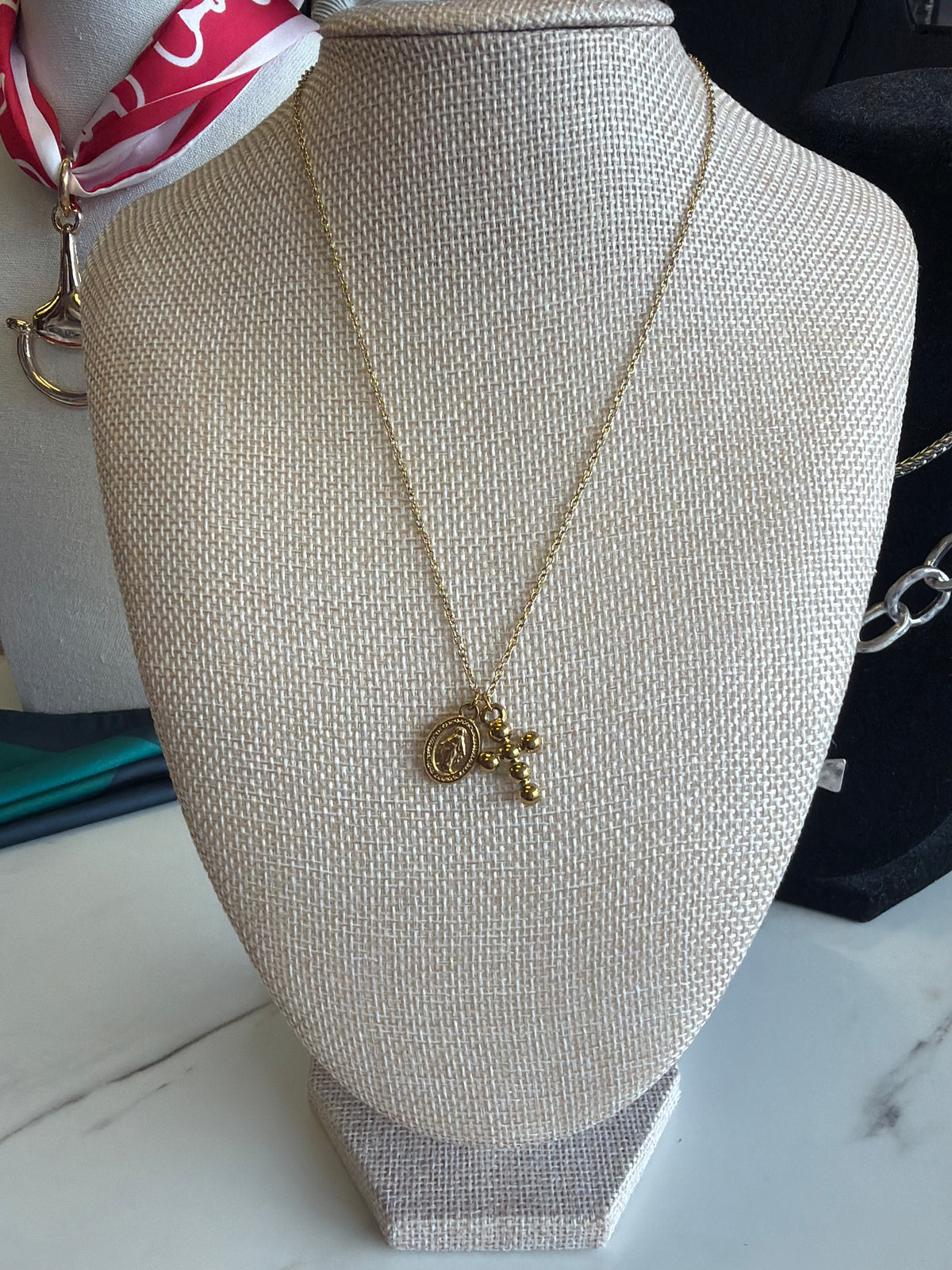 Stainless Steel Gold Plated Cross & Mother Mary Necklace