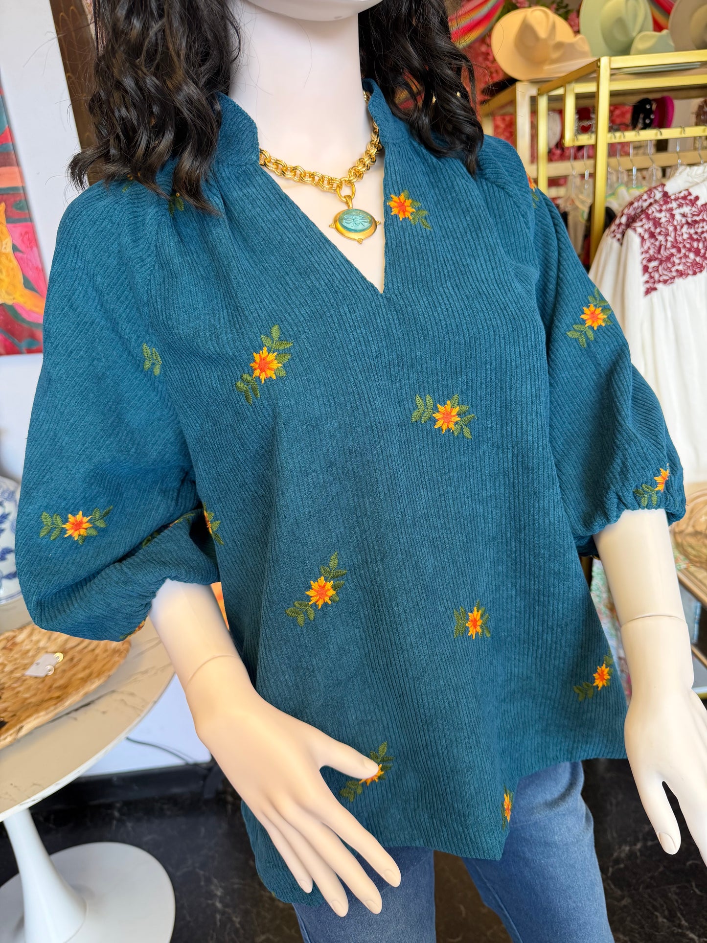 Corduroy Floral Embroidered Blouse