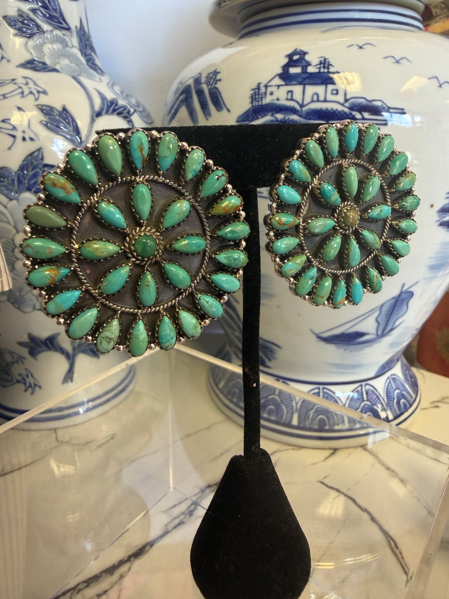 Sterling Silver Huge Cluster Turquoise Stud Earrings