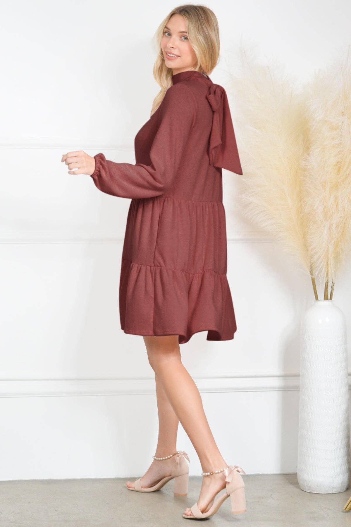 Cute Bow Back Tie Neck Tiered Pocket Dress Soft Jersey: Rosewood