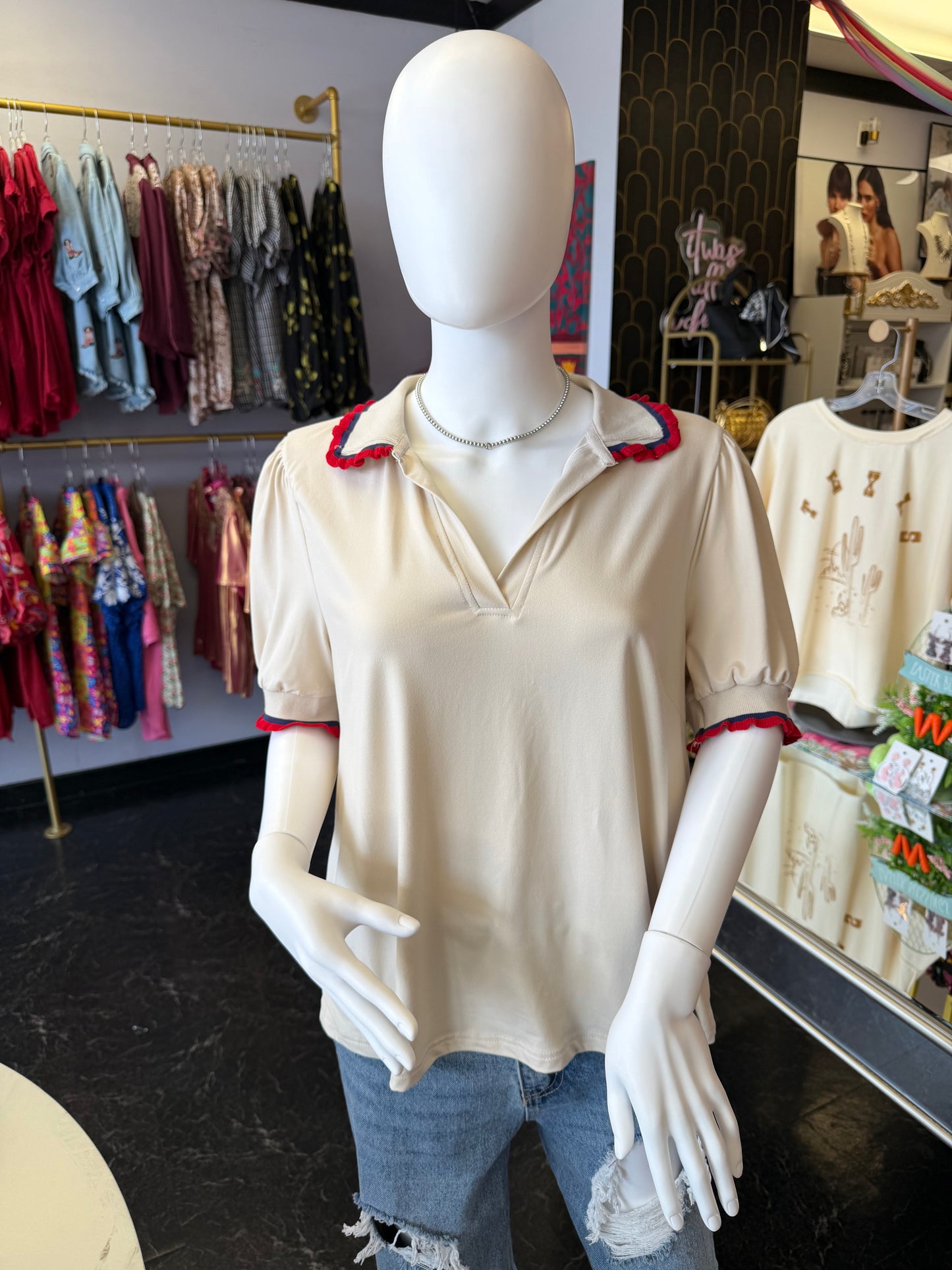 Ecru Ruffle Polo Tee