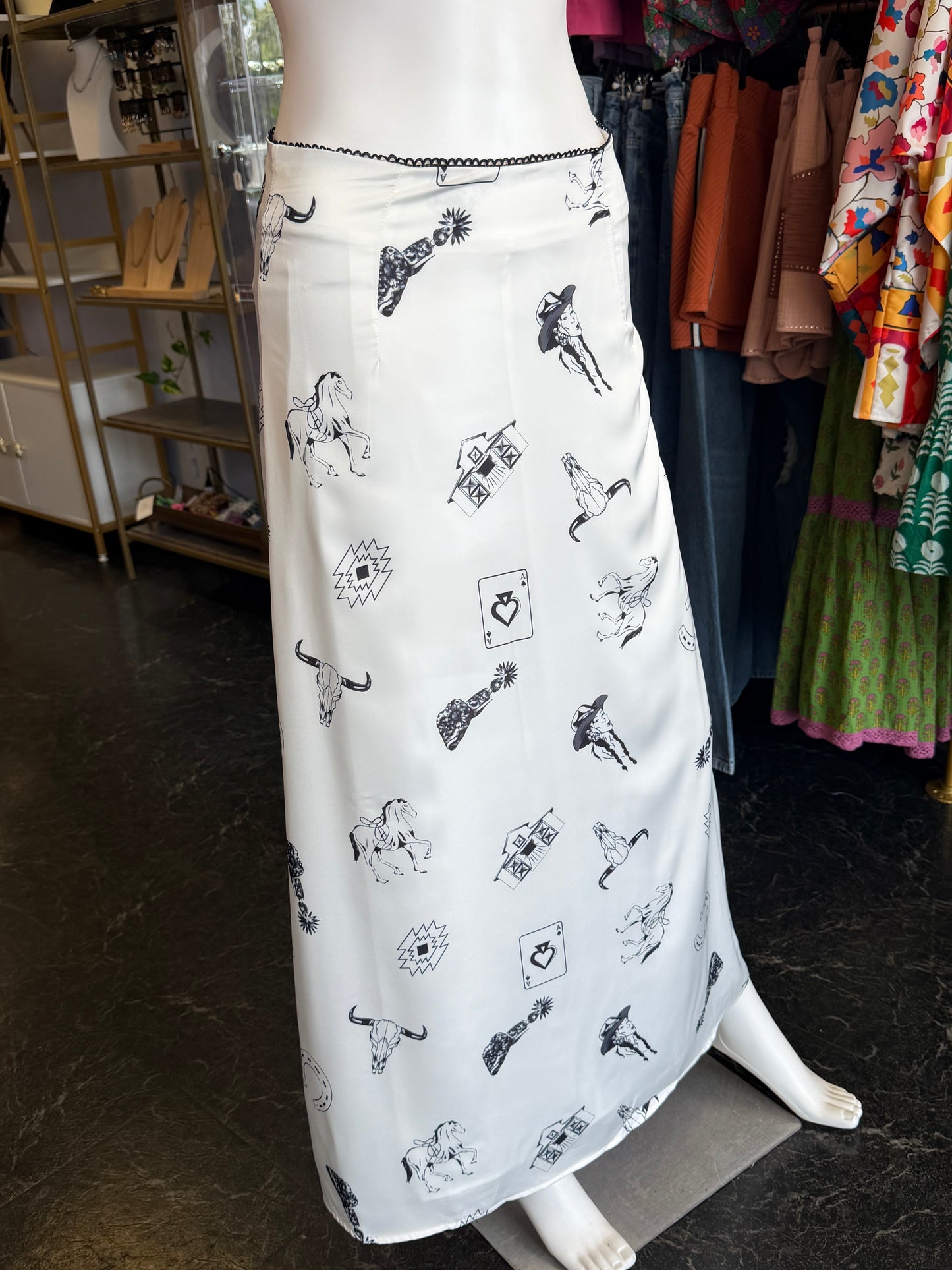 Silky White & Black Western Graphic Skirt