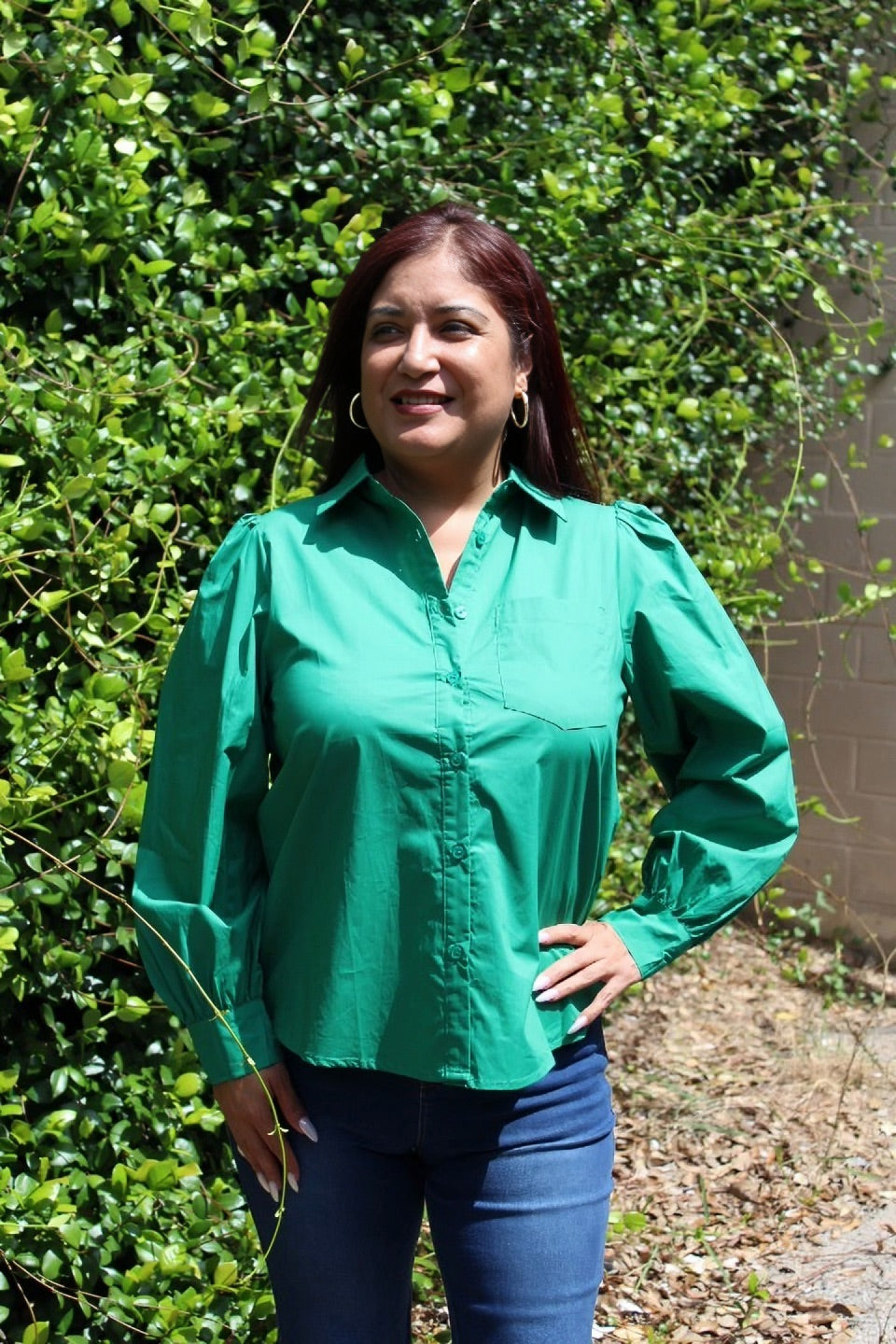 Green Solid Collared Neck Top with Pocket