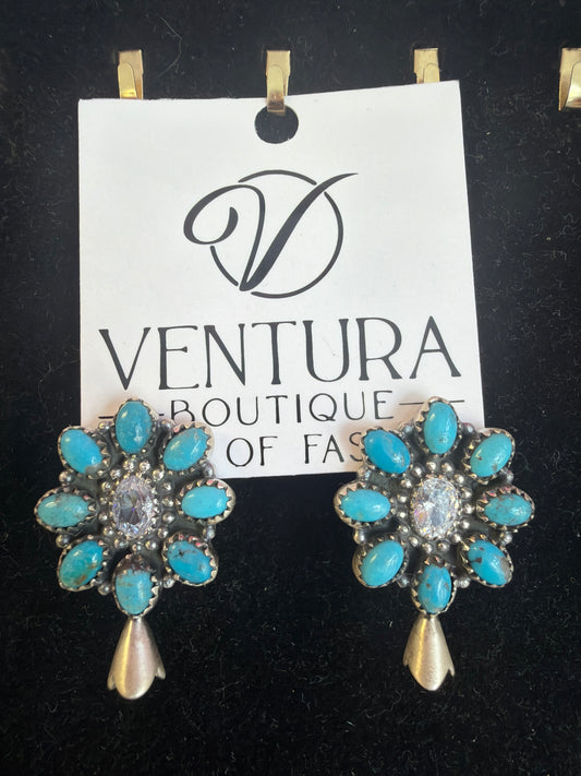 Sterling Silver Turquoise & Cubic Zirconia Blossom Earrings