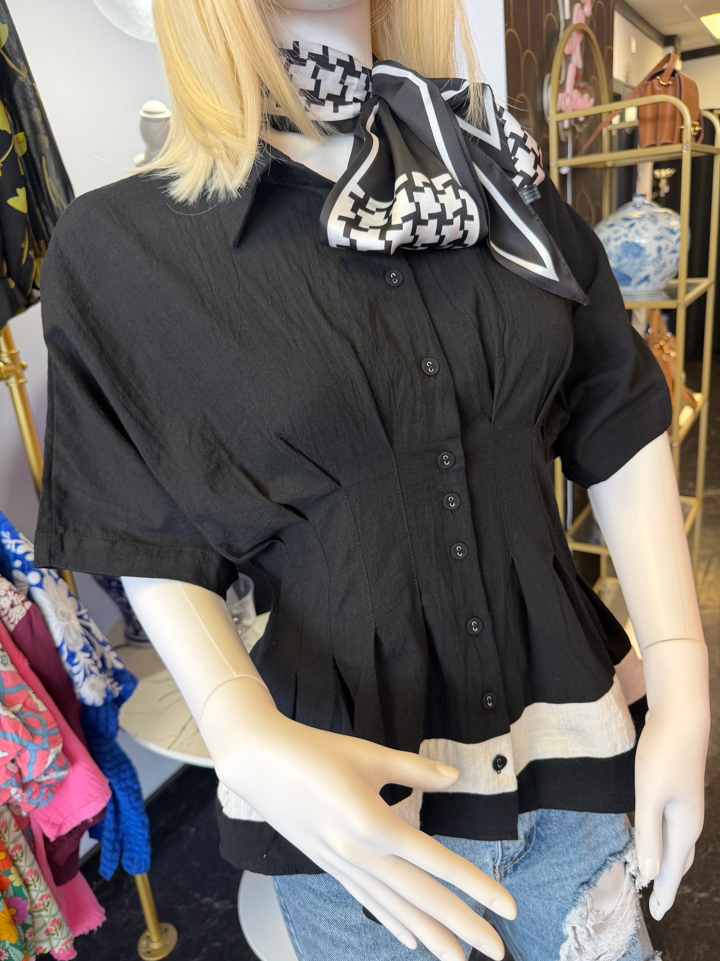 White & Black Color Blocked Pleated Top