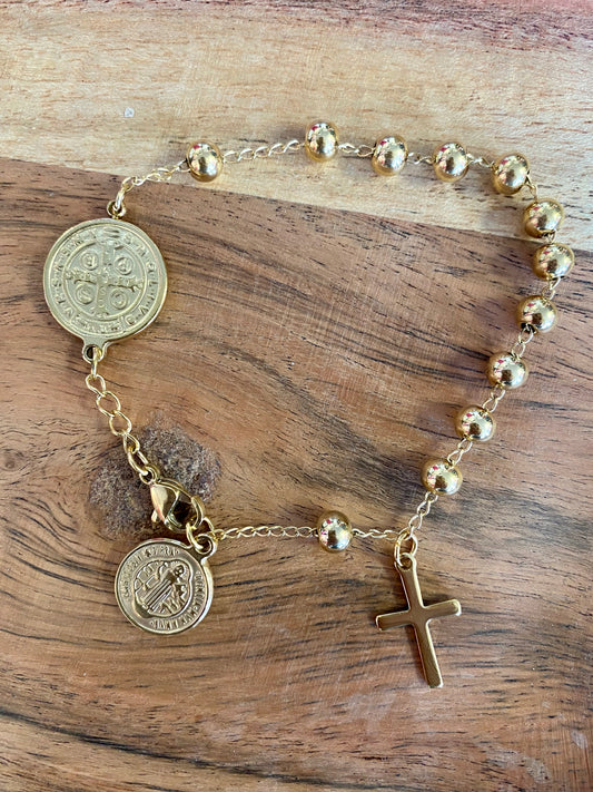 Gold Saint Benedict Cross Stainless Steel Bracelet