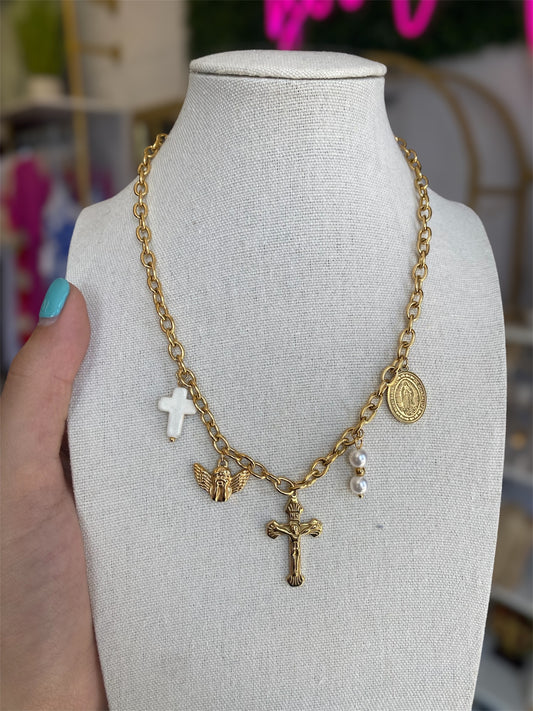 Holy Multi Charm Necklace Stainless Steel Gold Plated