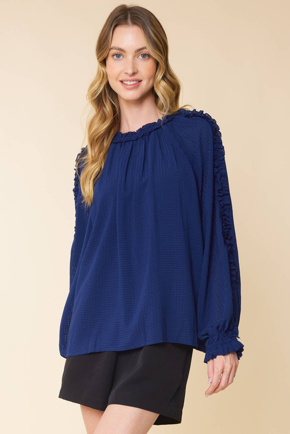 IT3464 - BURNOUT GINGHAM RUFFLED LONG SLEEVES TOP: BURGUNDY / L