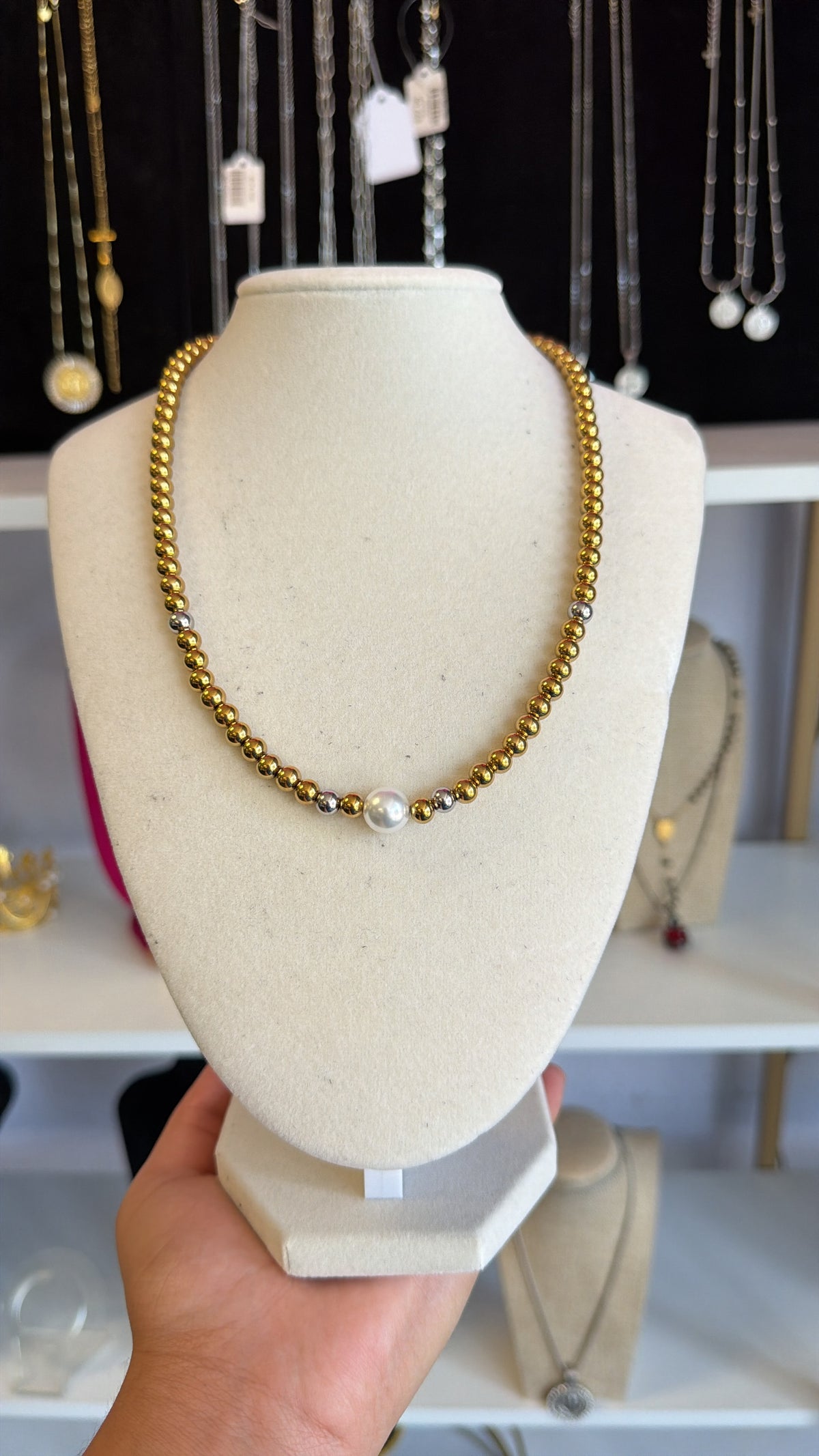 Stainless Steel Beaded Silver & Gold Big Pearl Necklace