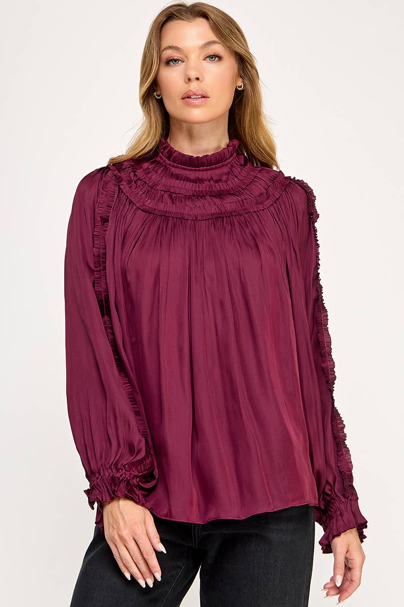 IT3477 - RUFFLED LONG SLEEVES SATIN TOP: GOLD / L