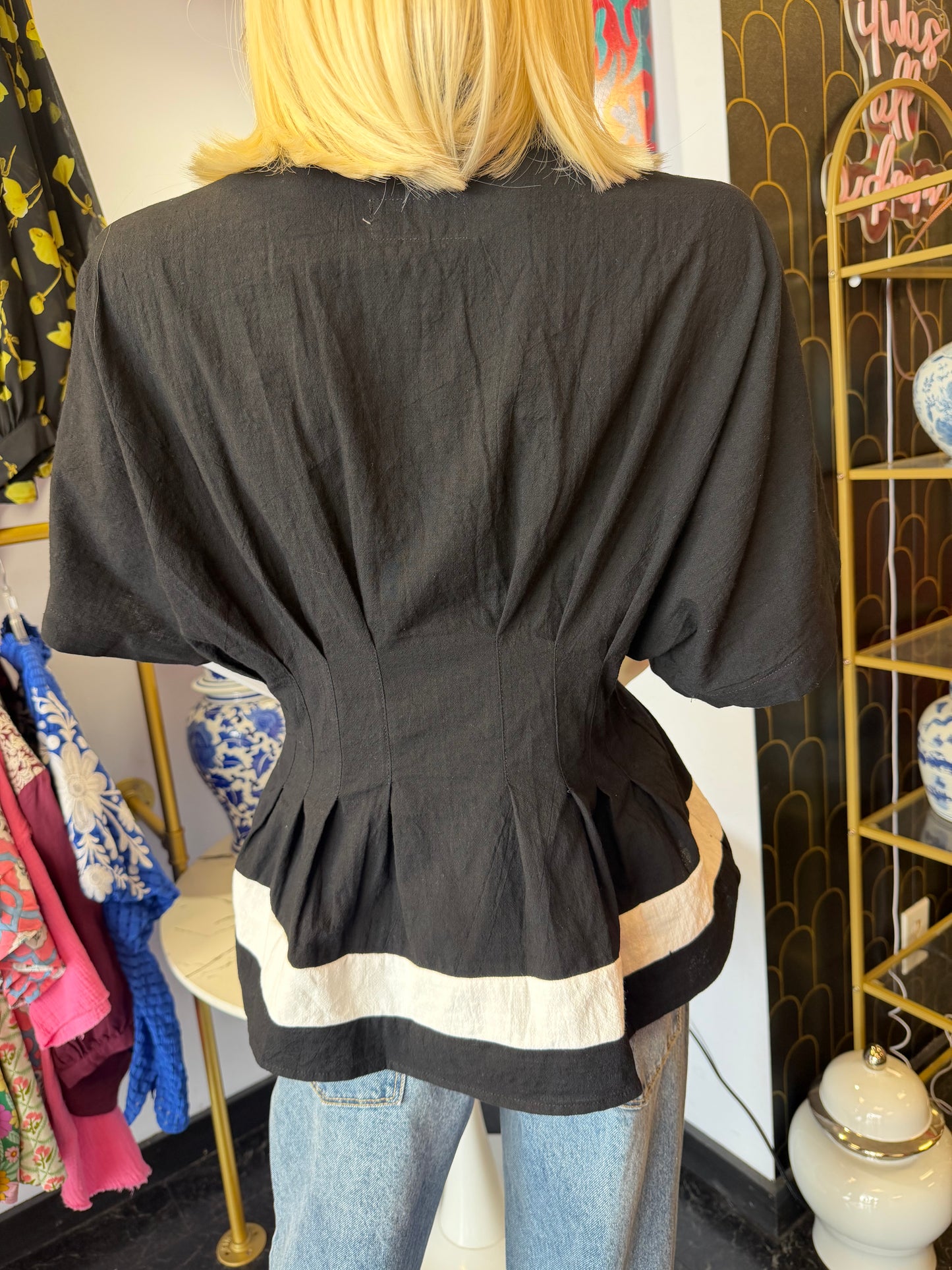 White & Black Color Blocked Pleated Top
