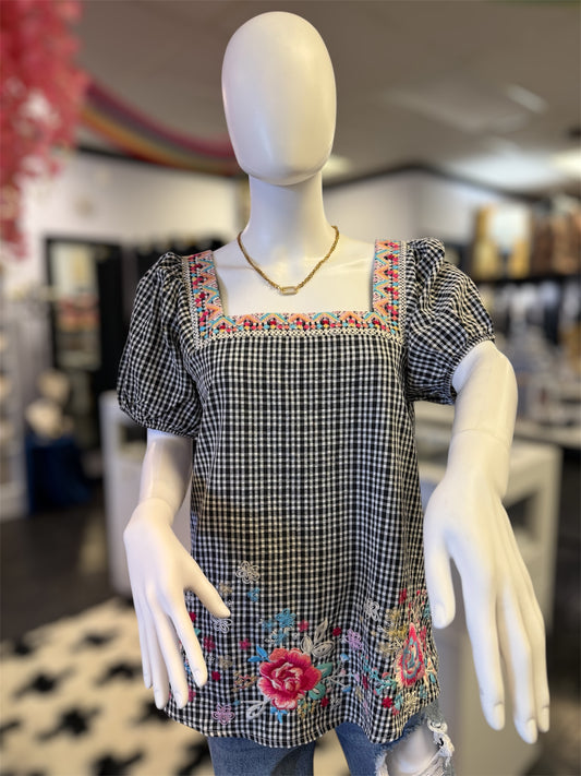 Short Sleeve Square Neck Embroidered Blouse