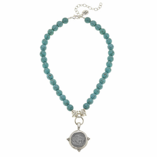 Silver Vintage Buffalo Head Coin on Genuine Turquoise Neckla