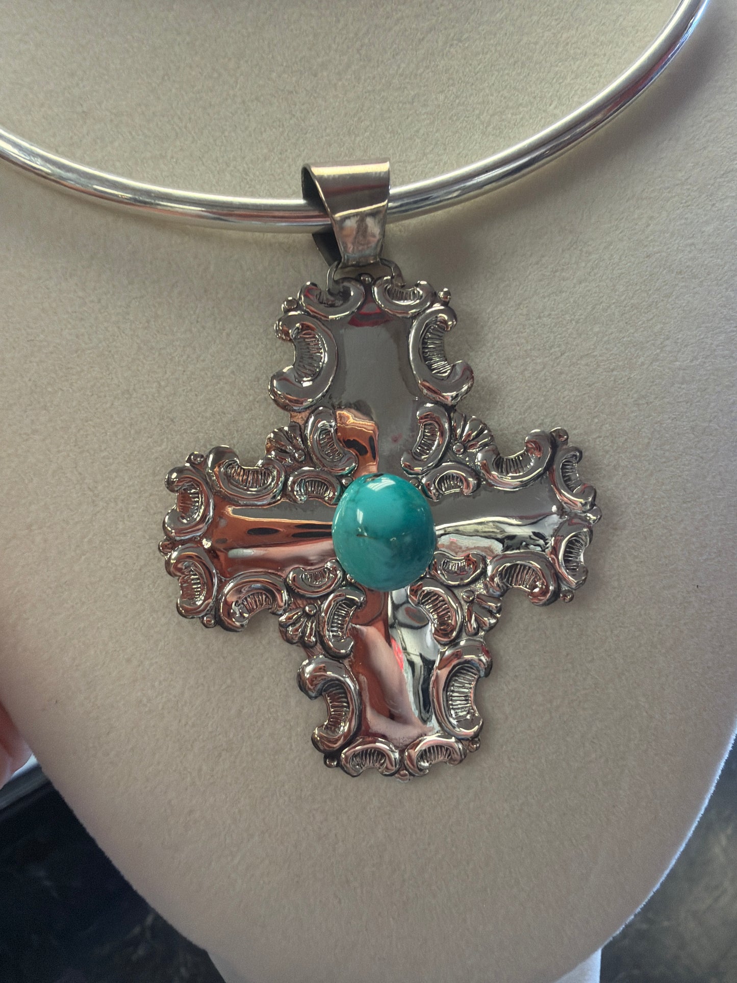 Sterling Silver HUGE Cross With Turquoise Center