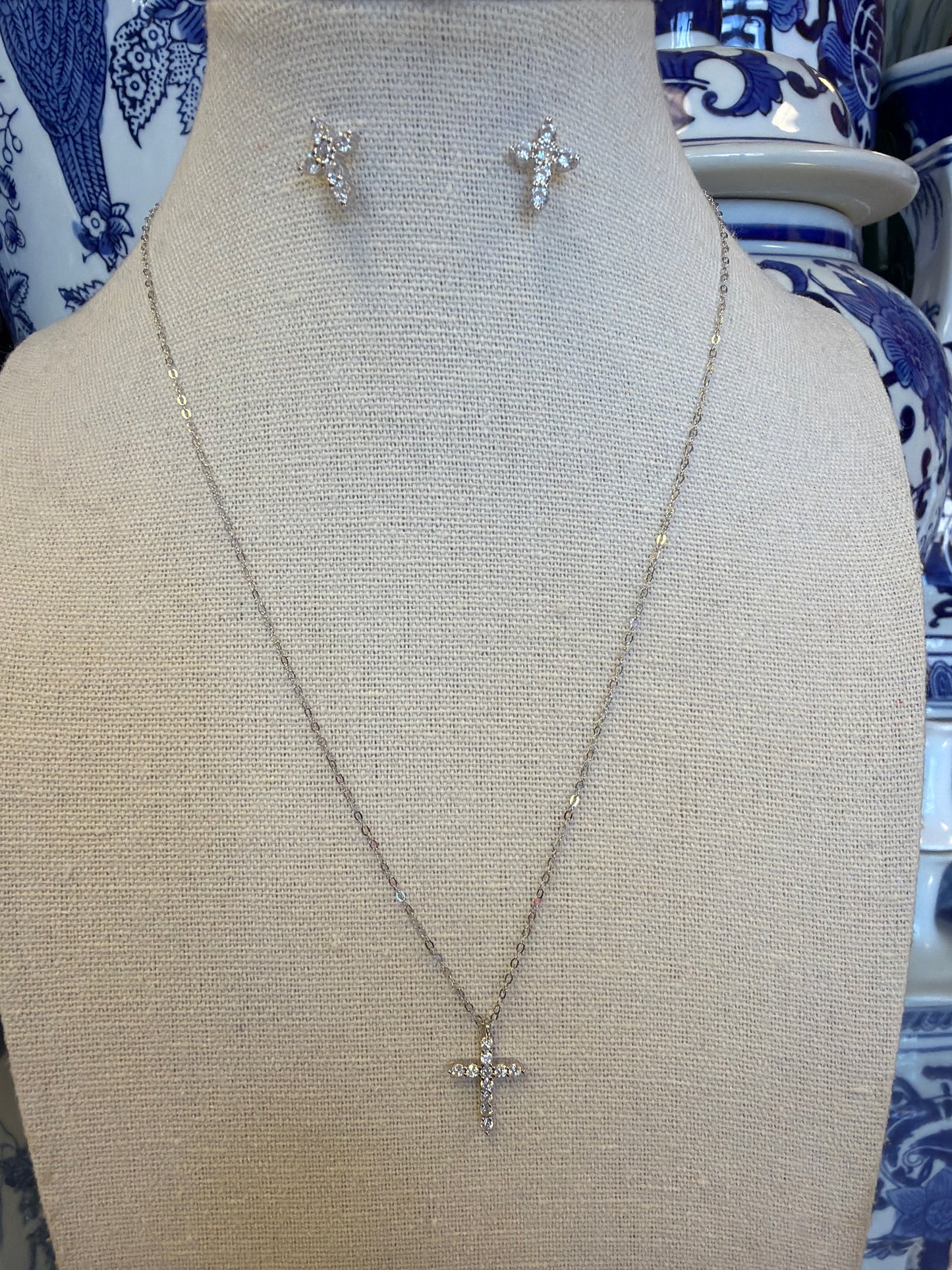 Sterling Silver Rhodium Plated Cross Crystal Necklace & Earrings