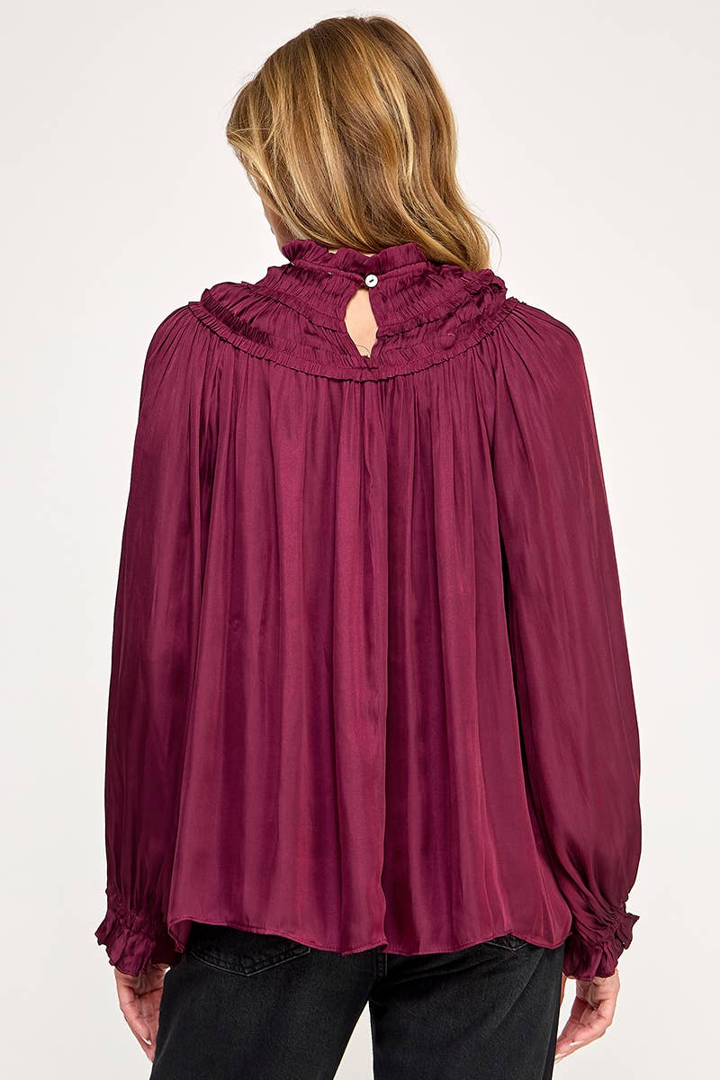 IT3477 - RUFFLED LONG SLEEVES SATIN TOP: GOLD / M