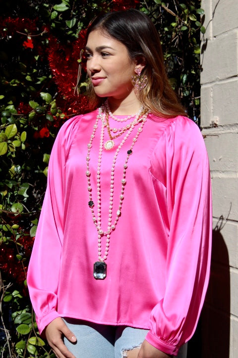 Pink Satin Puff Long Sleeve Top