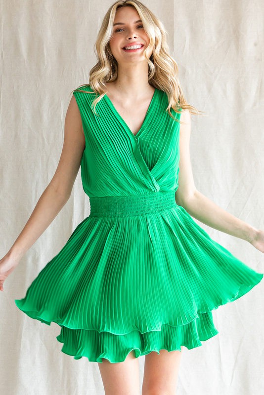 Pleated Surplice Neck Scrunchie Hems Dress