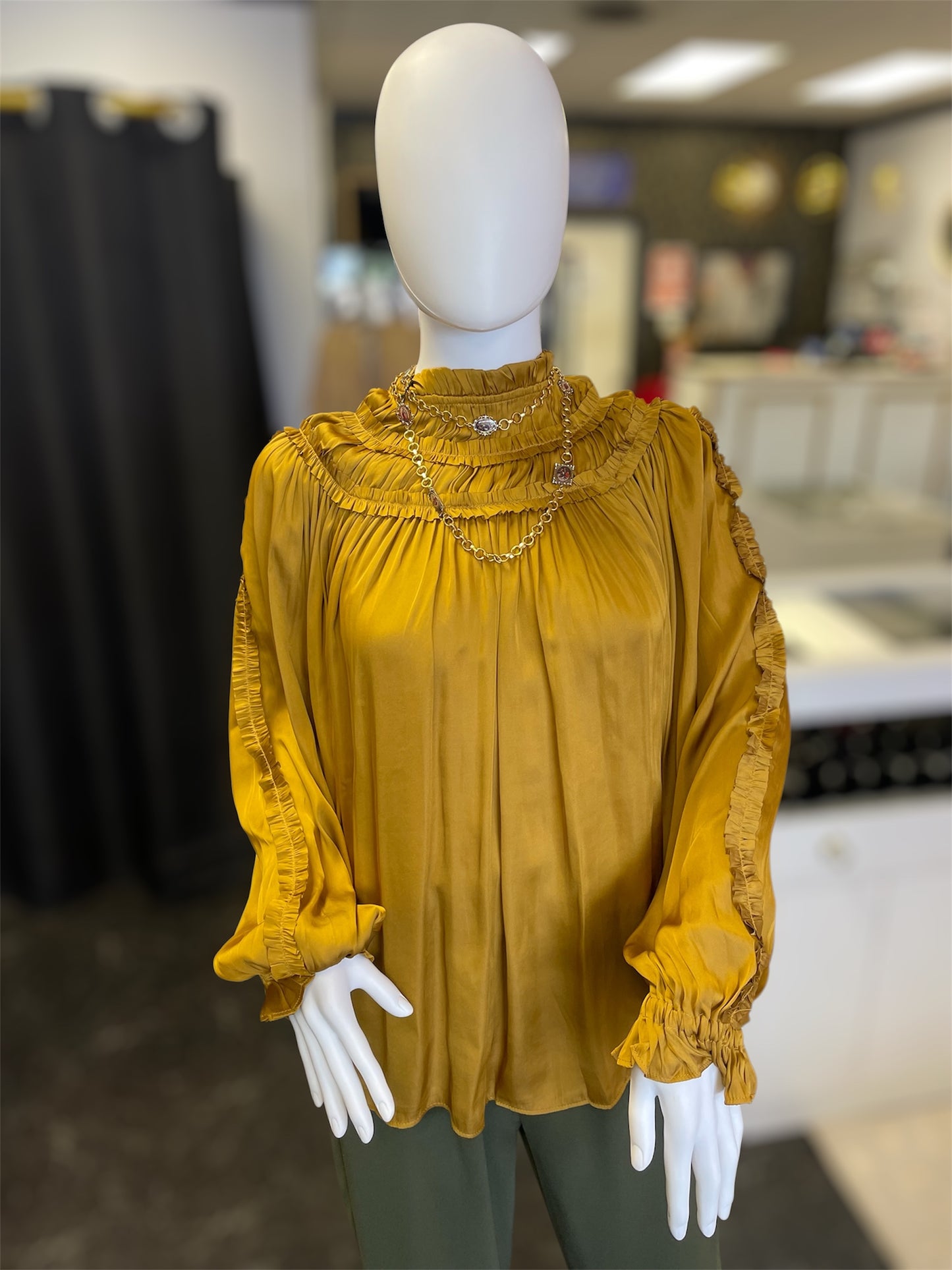 Gold Ruffled Long Sleeve Satin Top