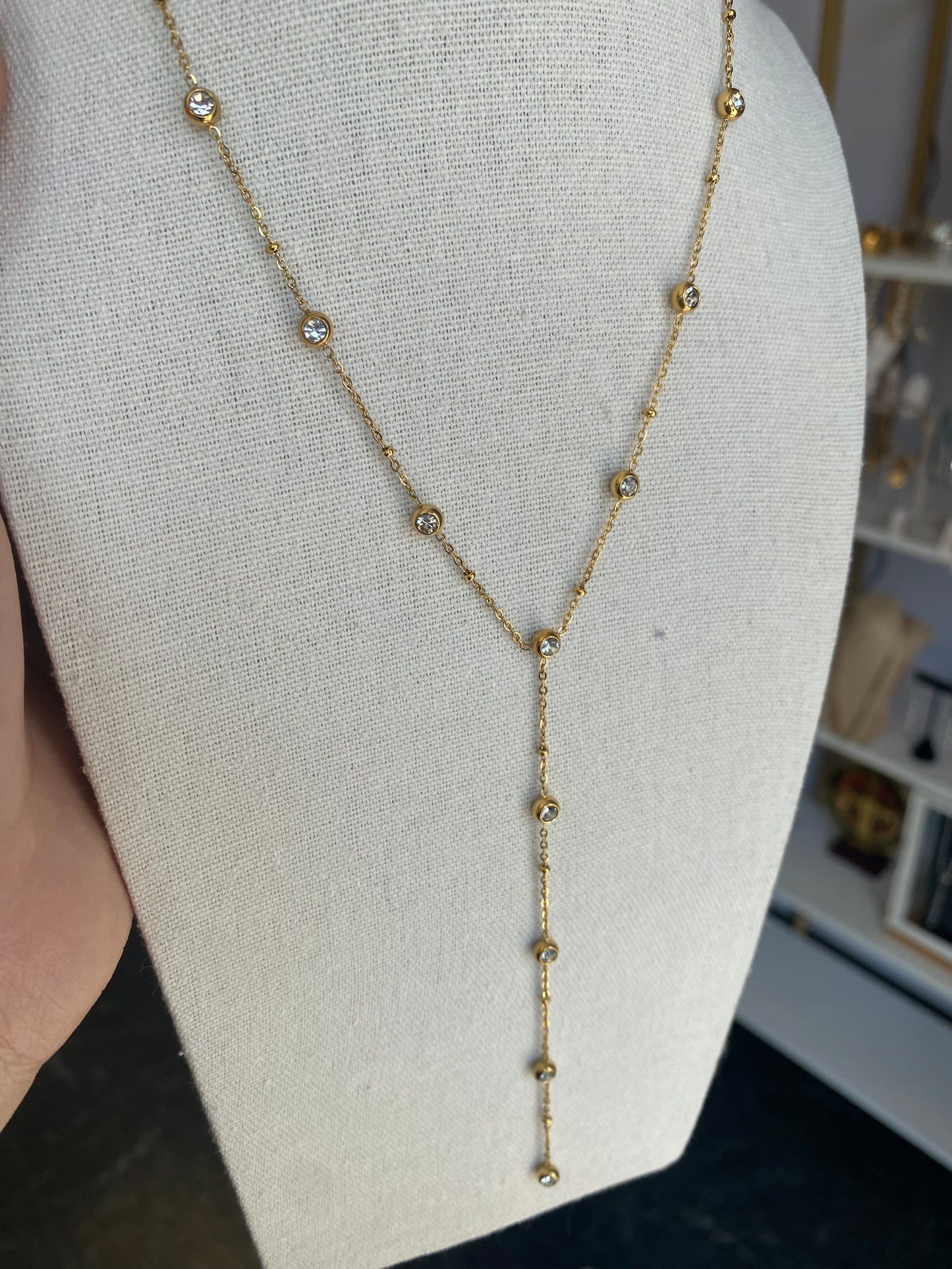 Crystal By The Yard Lariat Necklace Stainless Gold Plated