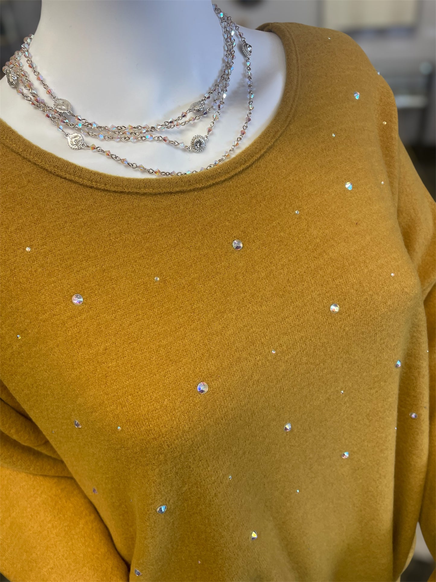Mustard Boatneck Front Gathered Embellished Sweater (Curvy)