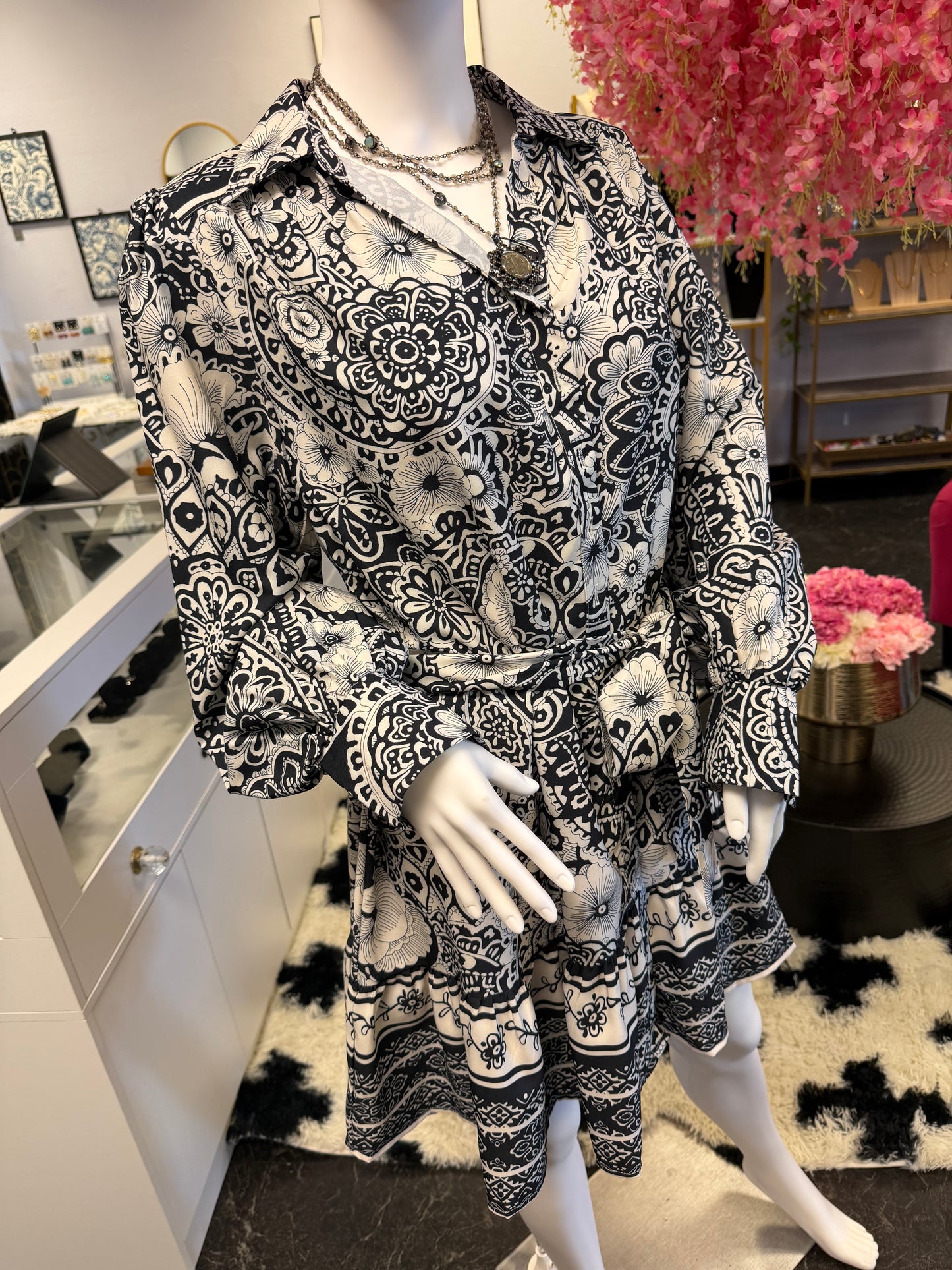 Black & White Multi Print Flutter Dress
