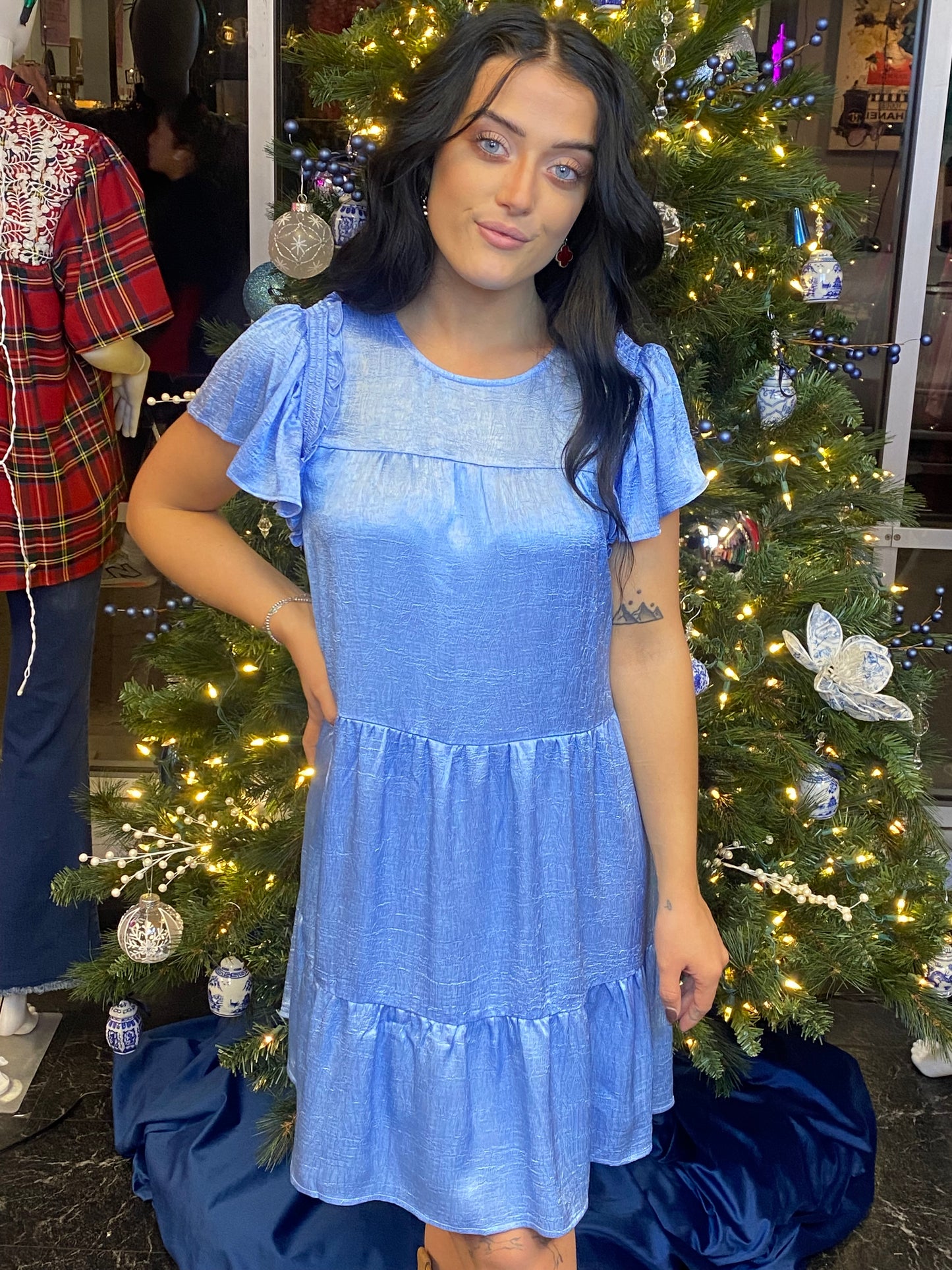 Blue Snow Glossy Tiered Dress with Pockets