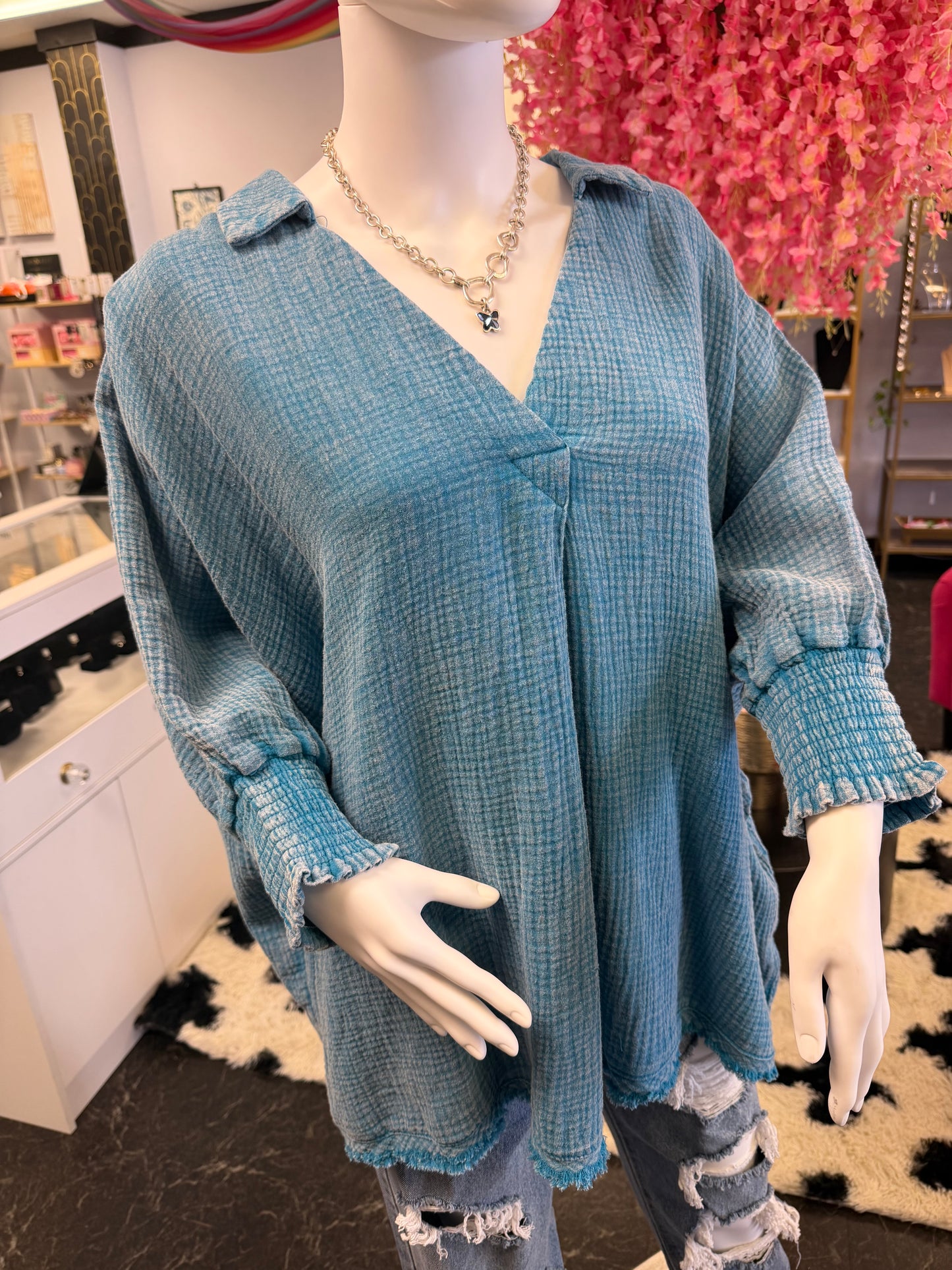 Blue Cotton Oversized Top