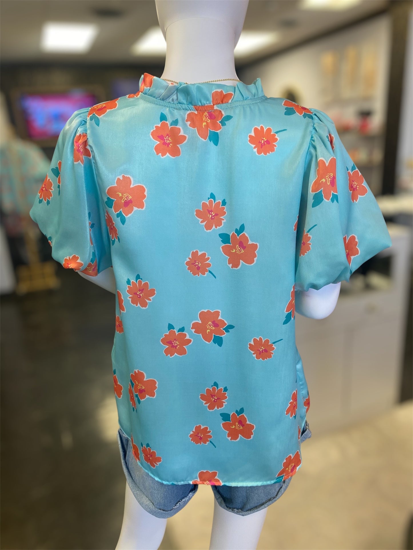 Sky Blue Tangerine Flower Puff Sleeve V-Neck Top